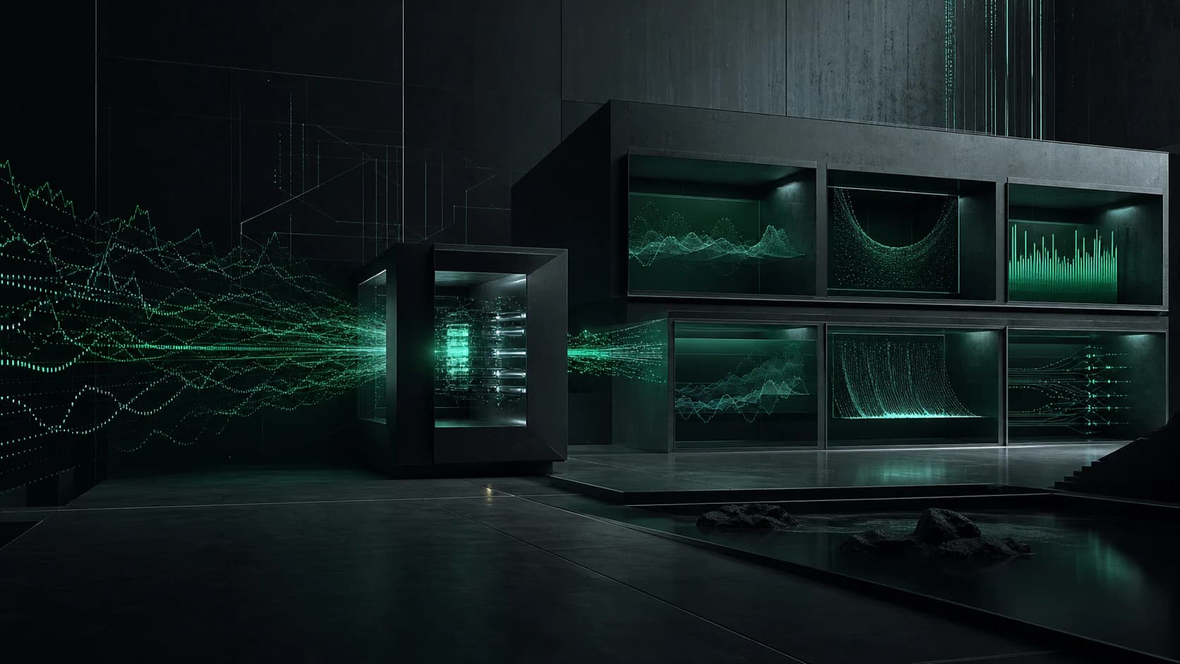 Historical market data passing through an emerald backtesting laboratory with visible assumptions