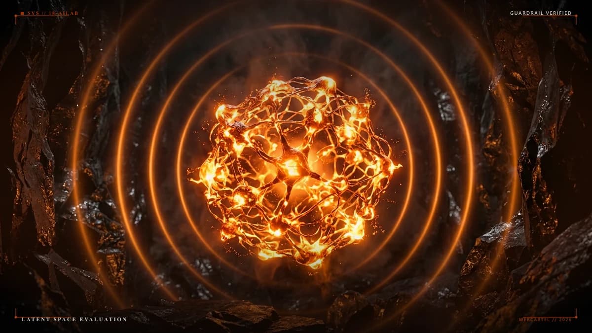 AI product evaluation topology with glowing warm magma evaluation guardrails and obsidian neural pathways