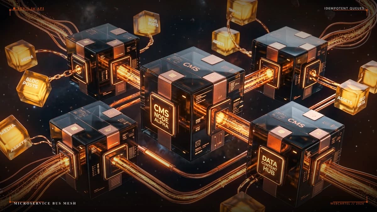 Mesh of connected obsidian API cubes with glowing warm amber fiber-optic data channels
