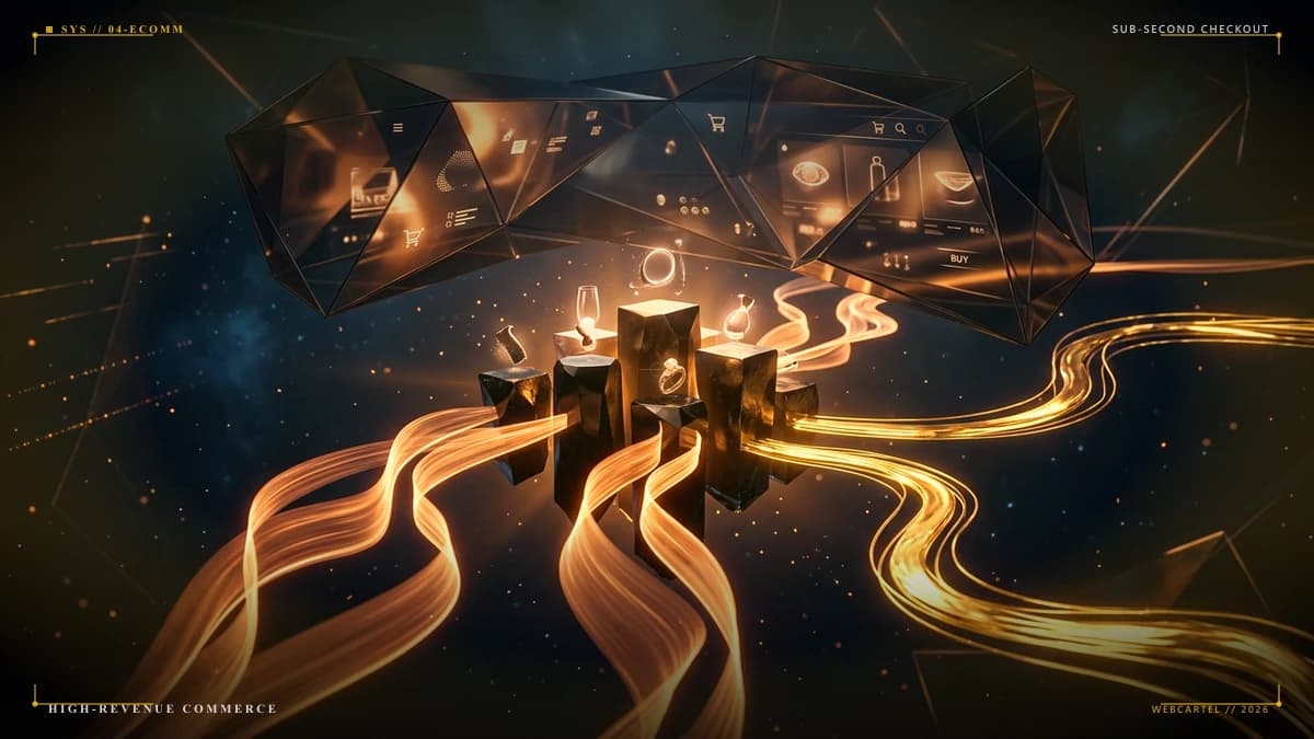 Luxury obsidian product pedestals with glowing warm amber checkout ribbons and molten gold pathways