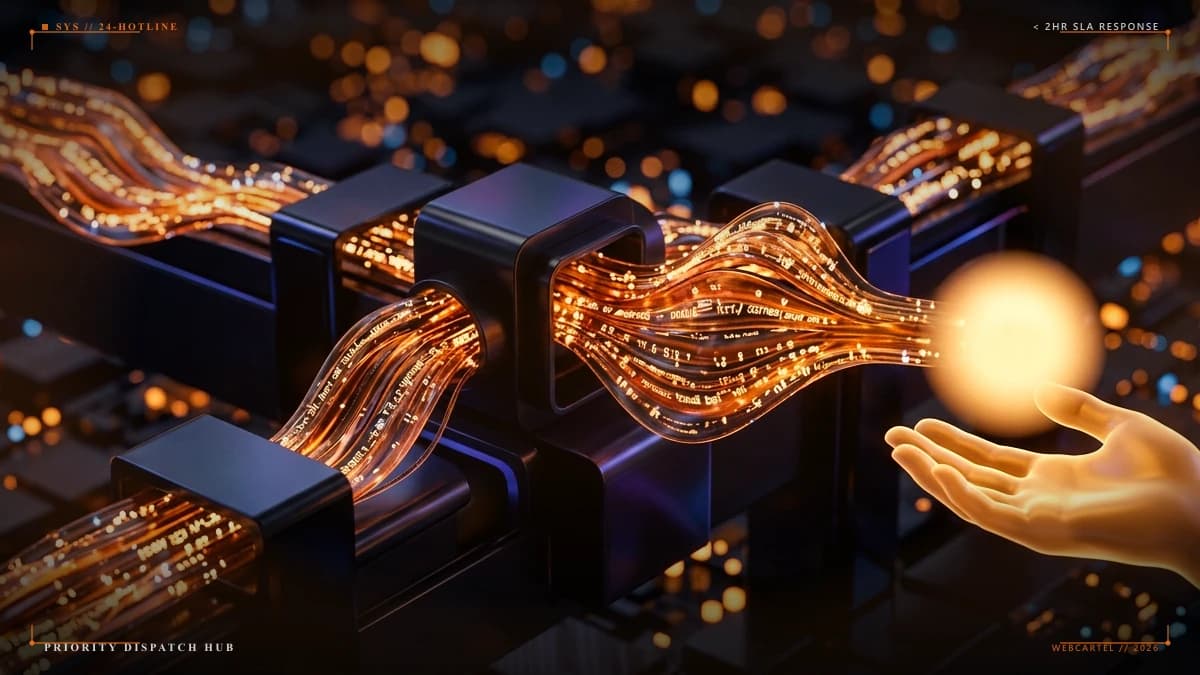 Dark luxury operations command hub with glowing warm amber priority request queues and copper telemetry rings