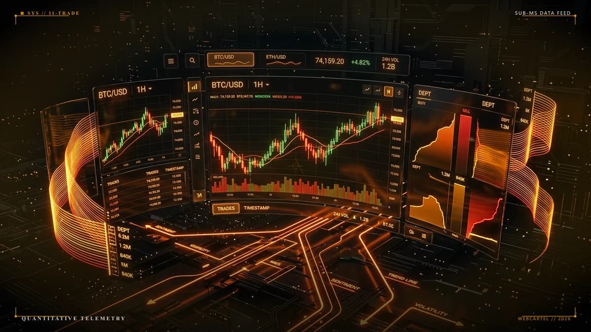 Abstract 3D cybernetic trading dashboard with floating obsidian glass candlestick charts and radiant amber depth ribbons