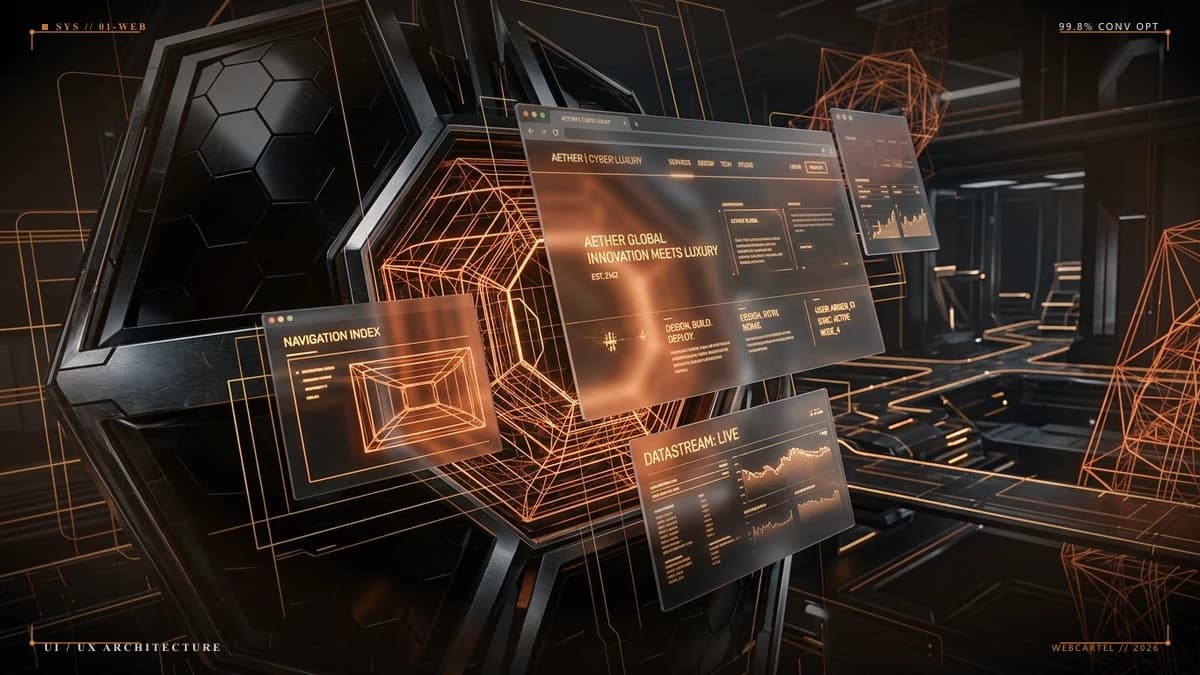 Warm ember-lit website architecture displayed across desktop and mobile interfaces in a dark obsidian technical studio