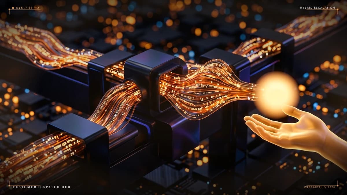 Flowing warm amber and orange conversational data streams weaving toward a golden human handoff node