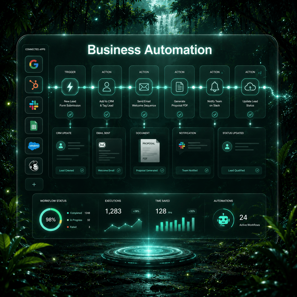 Automation flow diagram with trigger, action and notification nodes