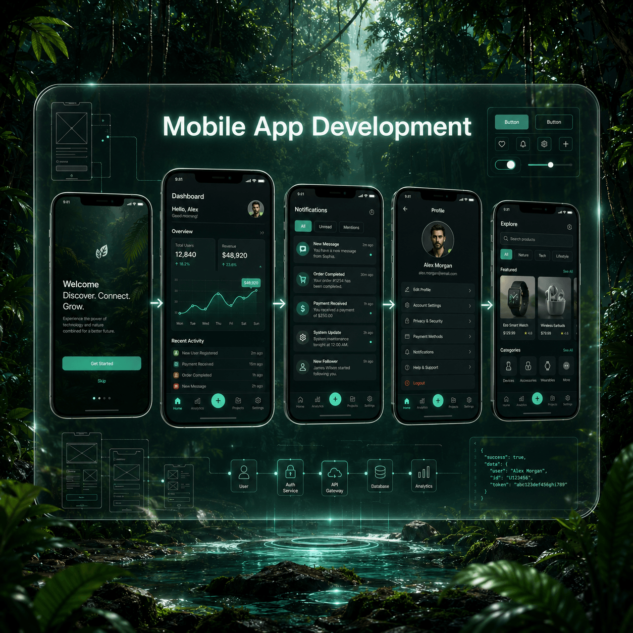 Mobile app screens floating with onboarding and dashboard